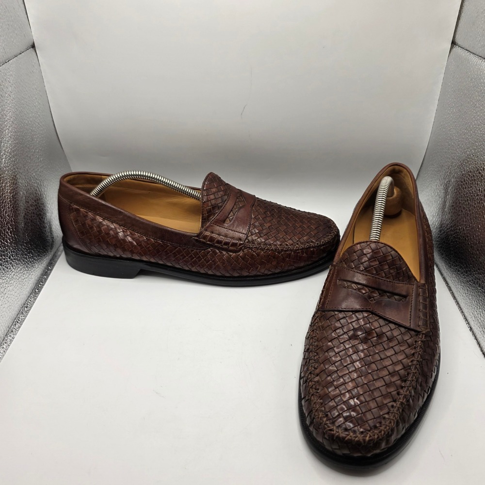 Johnston & Murphy Mens Brown Woven Leather Penny Loafers 15-6778 Size 10.5 M